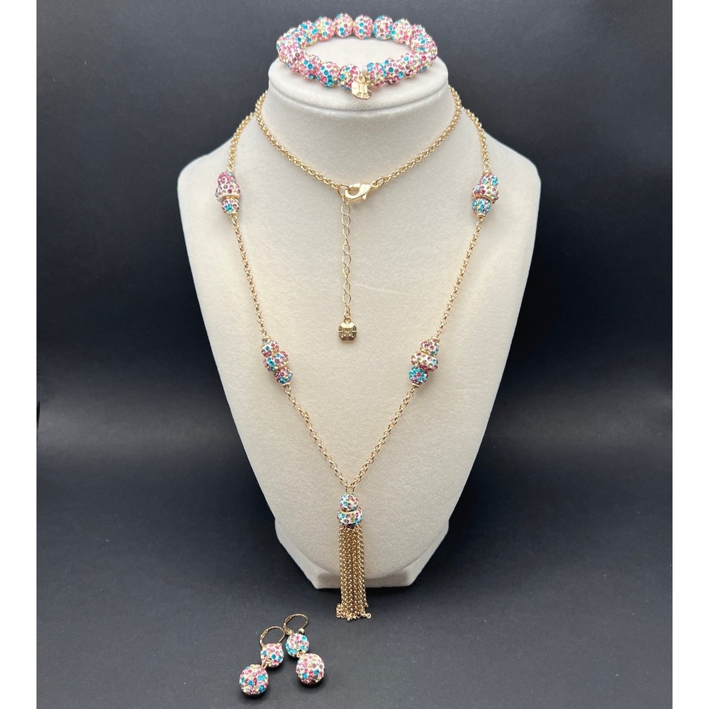 Monet Necklace Bracelet Earrings Set Gold Tone Multicolor Tassel Demi Parure 33"